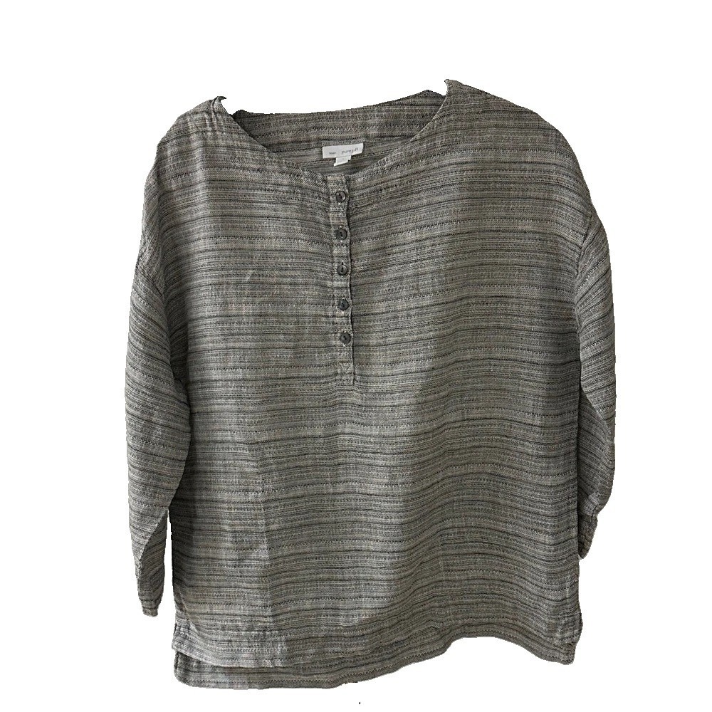 PureJill Gray Striped Blouse Women's Size Small Linen